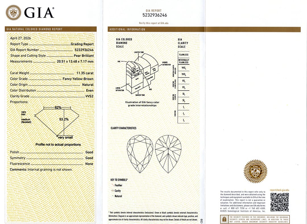 11.35 carat natural Fancy Yellow-Brown Pear brilliant Diamond