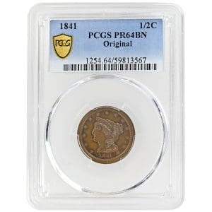 1841 1/2C Braided Hair Half Cent PCGS PR64BN  Rare Coin