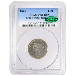 1849 1/2C Braided Hair Half Cent Rare Coin Small Date, Restrike PCGS PR64BN CAC