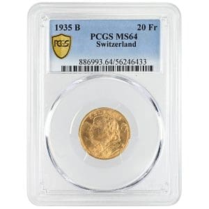 1935 B 20 Francs PCGS MS64 Switzerland