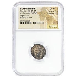 Tiberius AR Denarius AD 14-37 NGC CH XF Ancient Roman Silver Coin