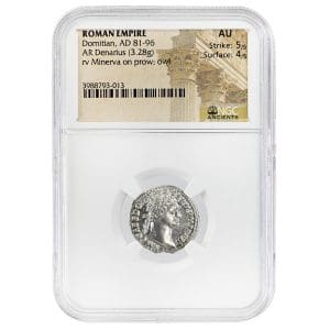 Silver denarius of Domitian, NGC AU, showing Minerva standing on galley prow with owl on reverse