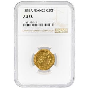 1851 France 20 Francs gold coin obverse showing Cérès head facing right