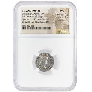 Vespasian Concordia denarius showing Concordia seated on reverse and Vespasian portrait obverse
