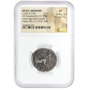 Sicily Messana Tetradrachm showing mule quadriga obverse and running hare reverse, NGC VF