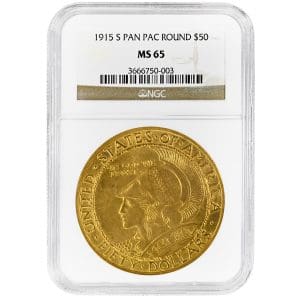 1915-S Panama-Pacific $50 gold round commemorative coin, NGC MS65, Minerva obverse and owl reverse