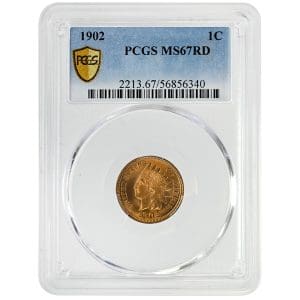 1902 Indian Head Cent in PCGS MS67RD holder, showing full original red luster and sharp details.
