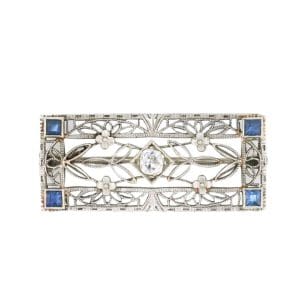 Antique 14K White Gold Art Deco Diamond Blue Spinel Filigree Brooch