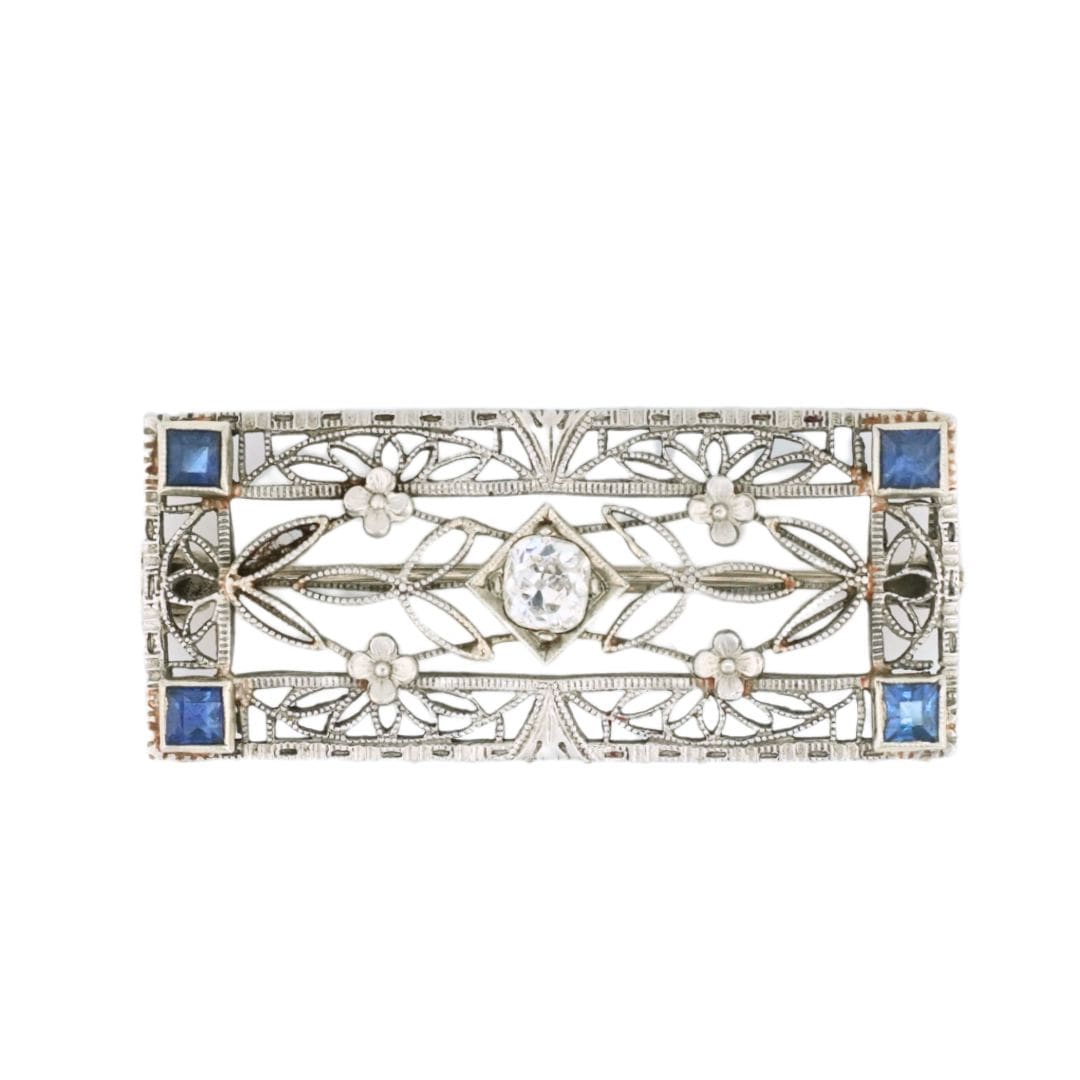 Antique 14K White Gold Art Deco Diamond Blue Spinel Filigree Brooch