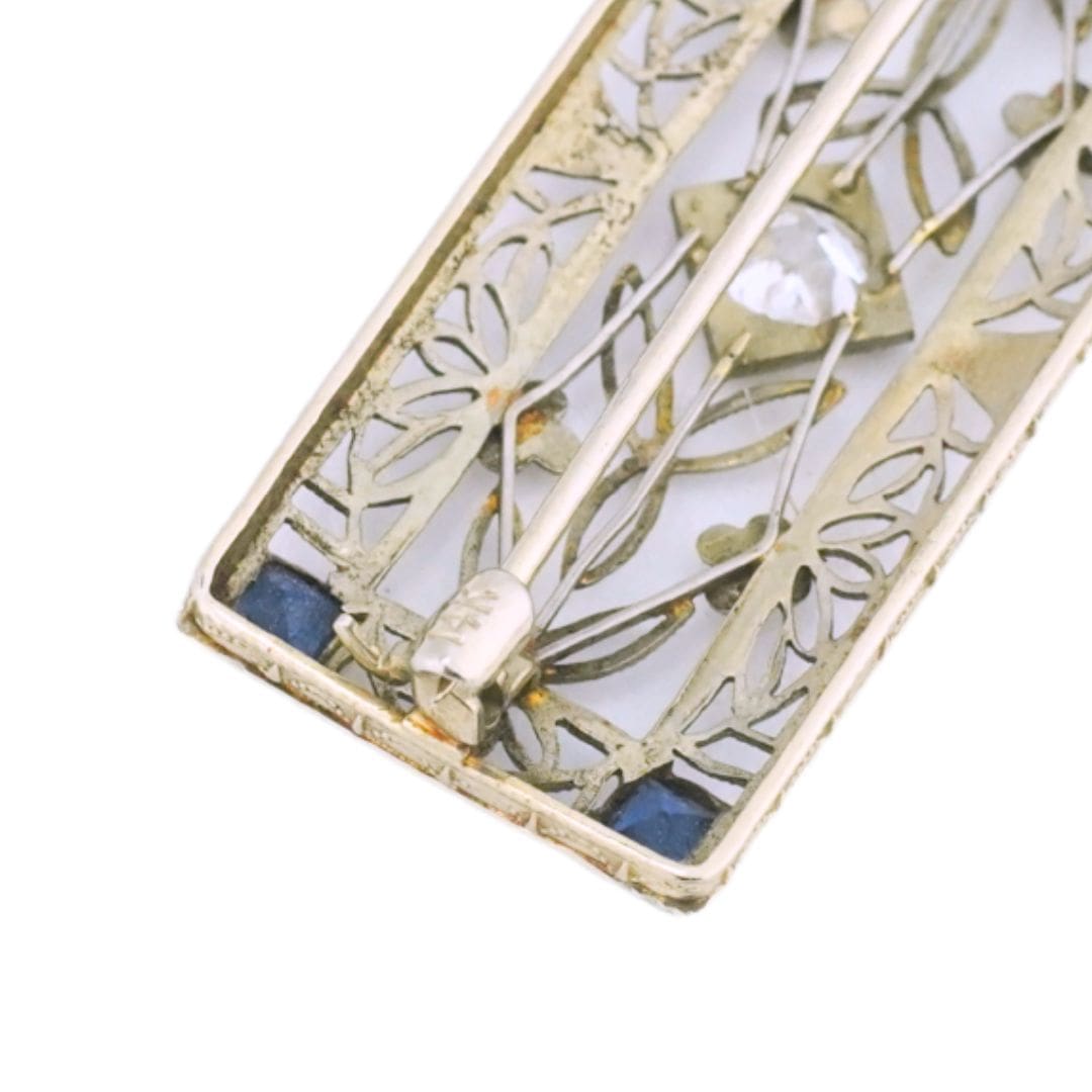 Antique 14K White Gold Art Deco Diamond Blue Spinel Filigree Brooch