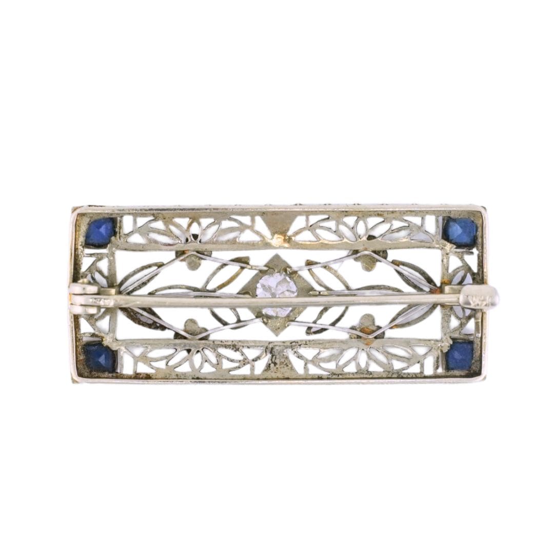 14K White Gold Art Deco Filigree Diamond & Blue Spinel Brooch - Image 2