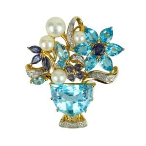 14K Gold Floral Brooch Blue Topaz Tanzanite Diamond Pearl