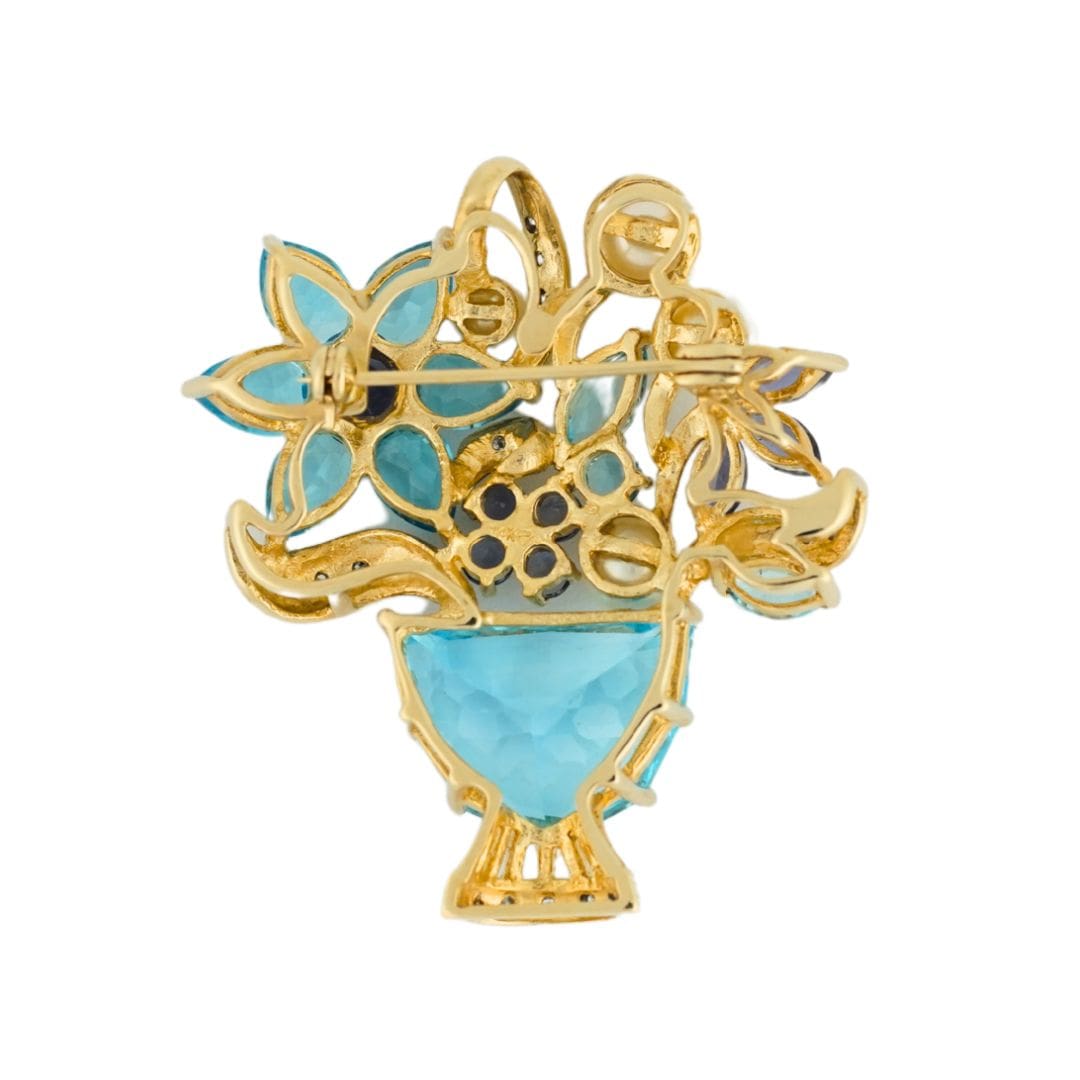 14K Gold Floral Brooch Blue Topaz Tanzanite Diamond Pearl
