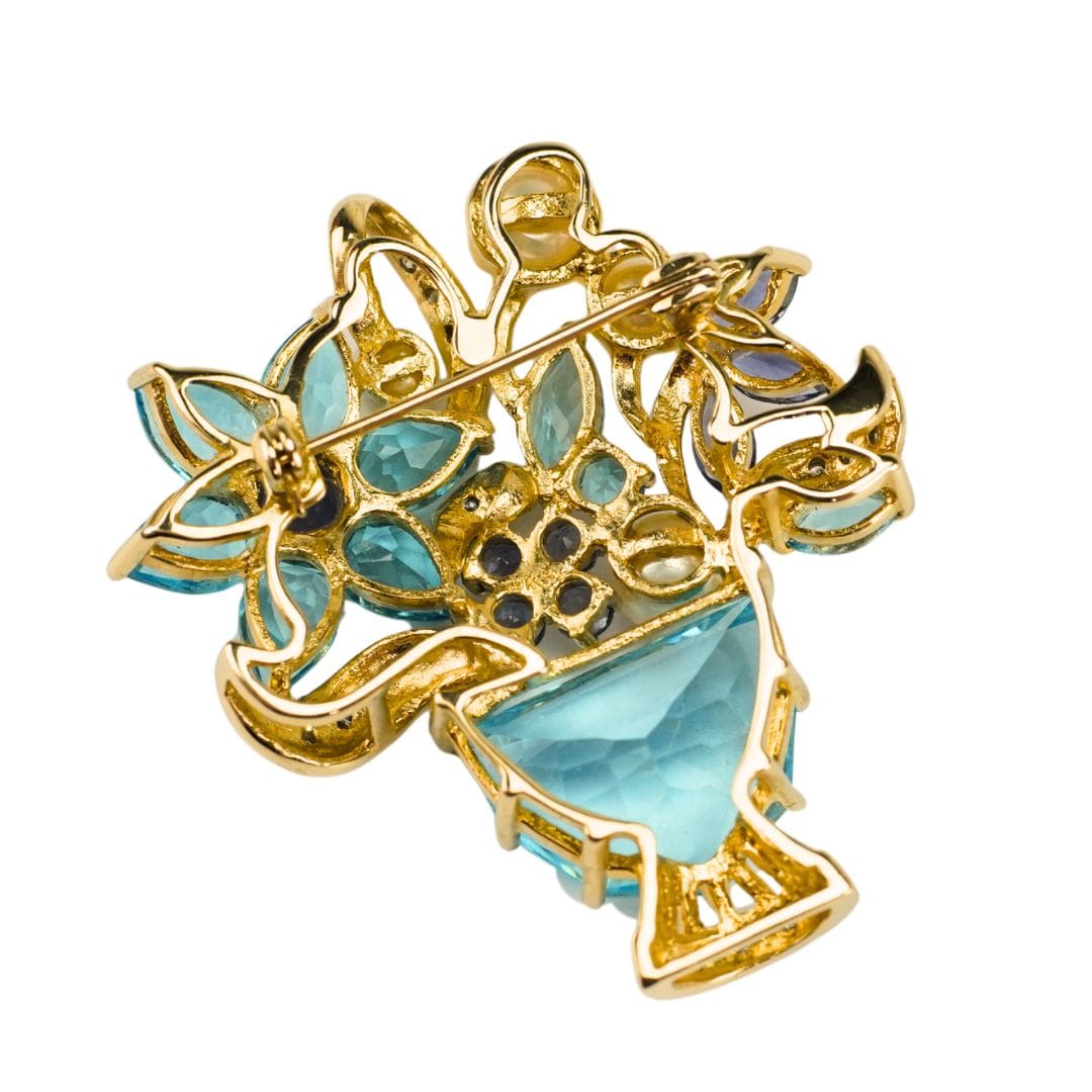 14K Gold Floral Brooch Blue Topaz Tanzanite Diamond Pearl