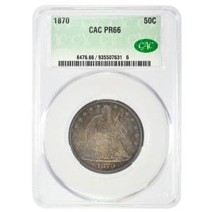 1870 Liberty Seated Half Dollar Proof CAC PR66 coin obverse and reverse