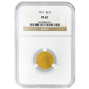 1911 $2.50 Indian Head Quarter Eagle NGC PF67 matte proof gold coin, obverse and reverse