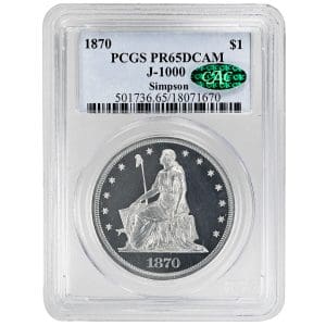 1870 pattern dollar Judd J1000 PCGS CAC PR65DCAM deep cameo proof coin, obverse and reverse