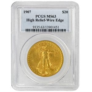 1907 $20 High Relief Wire Edge Saint Gaudens PCGS MS63