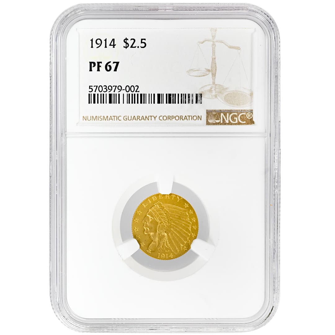 1914 $2.50 Indian Head Quarter Eagle NGC PF67 matte proof gold coin, obverse and reverse