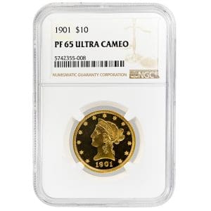 1901 $10 Liberty Head Eagle NGC PF65UCAM ultra cameo proof gold coin, obverse and reverse