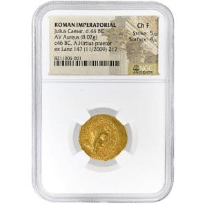 Julius Caesar AV Aureus NGC Ch F ancient Roman gold coin, A Hirtius issue, obverse and reverse