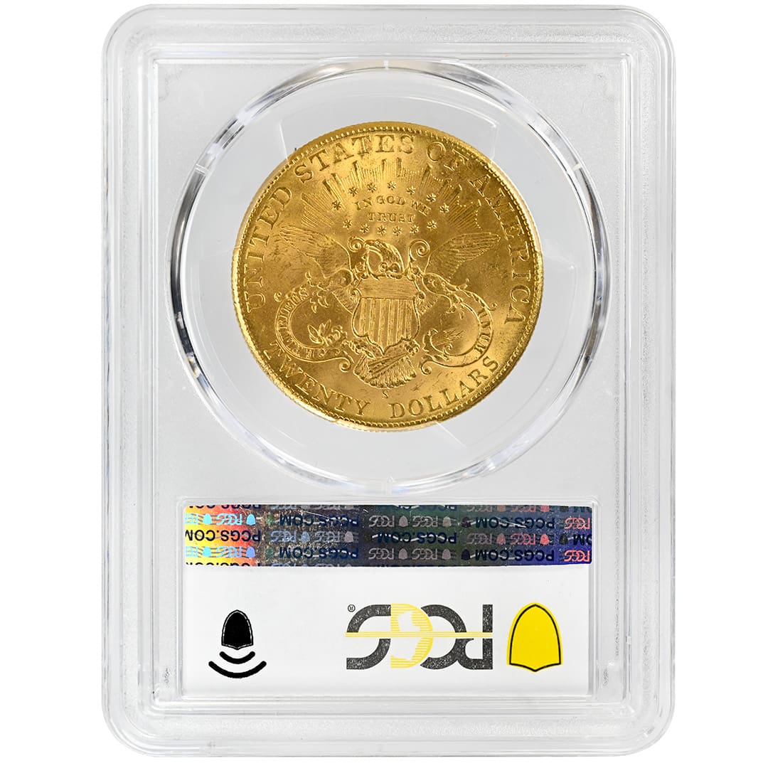 1907-S $20 Liberty Head Double Eagle PCGS MS65 gold coin, obverse and reverse