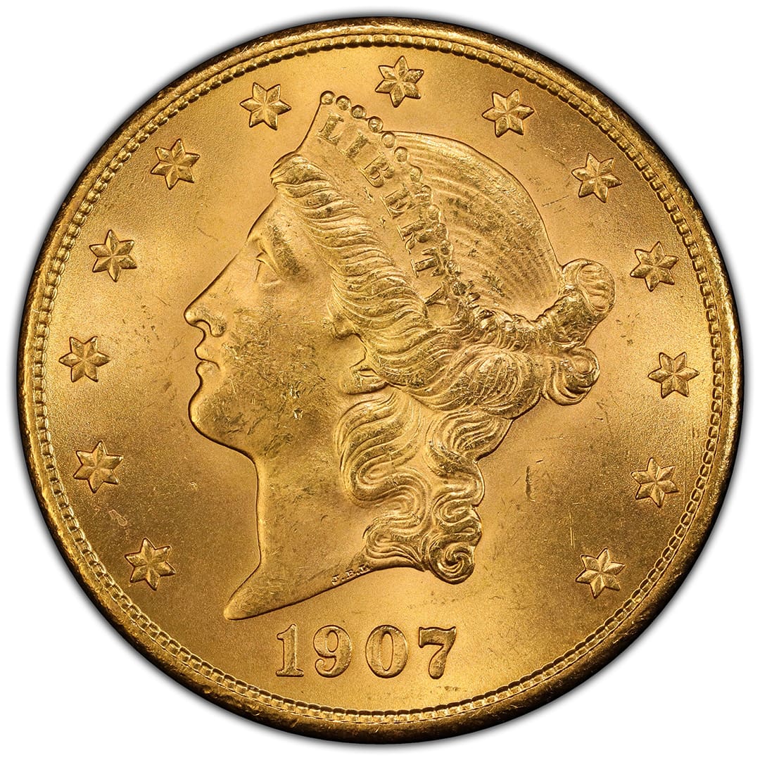 1907-S $20 Liberty Head Double Eagle PCGS MS65 gold coin, obverse and reverse