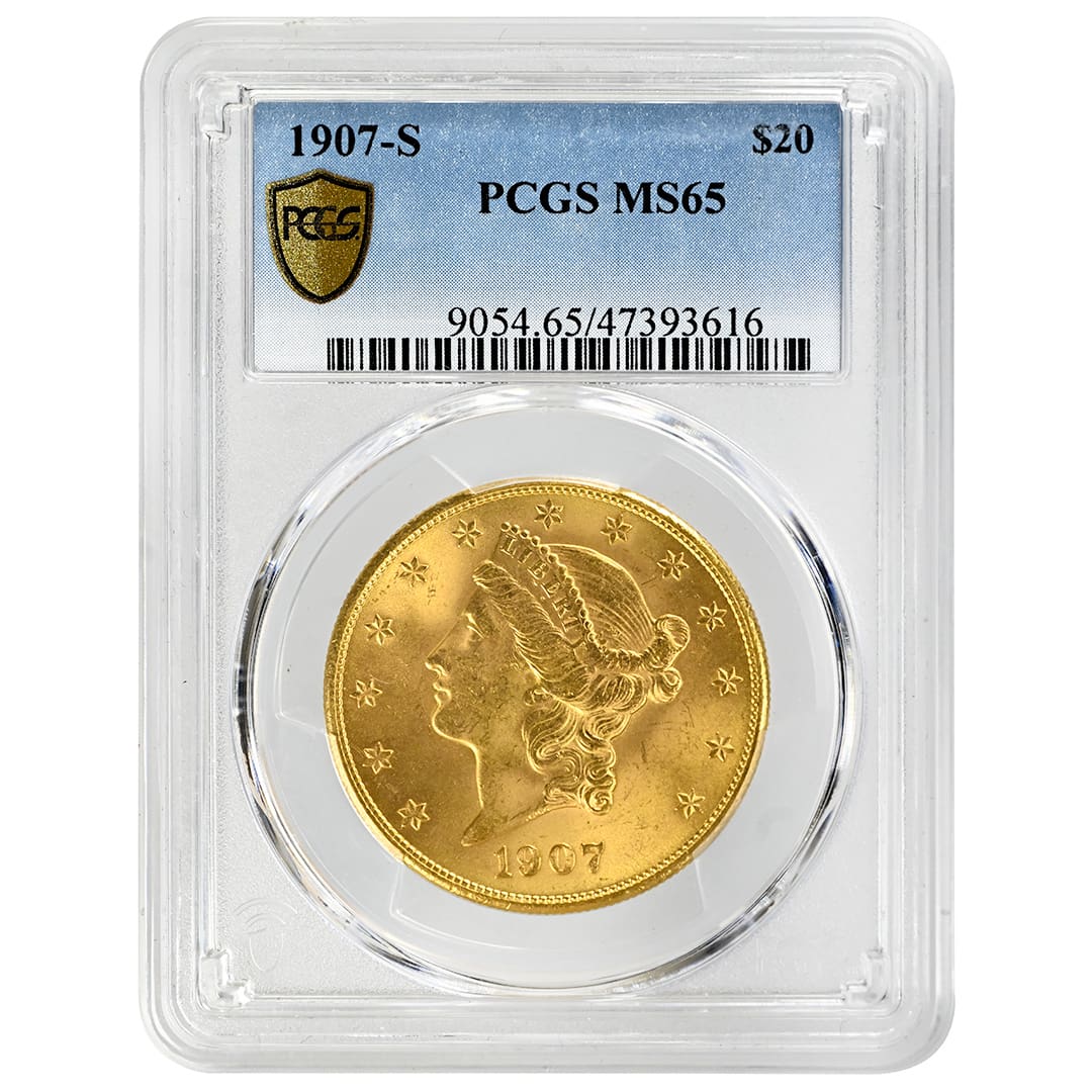1907-S $20 Liberty Head Double Eagle PCGS MS65 gold coin, obverse and reverse