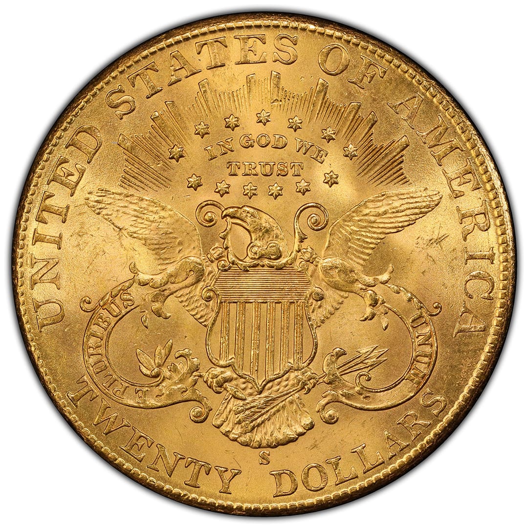 1907-S $20 Liberty Head Double Eagle PCGS MS65 gold coin, obverse and reverse