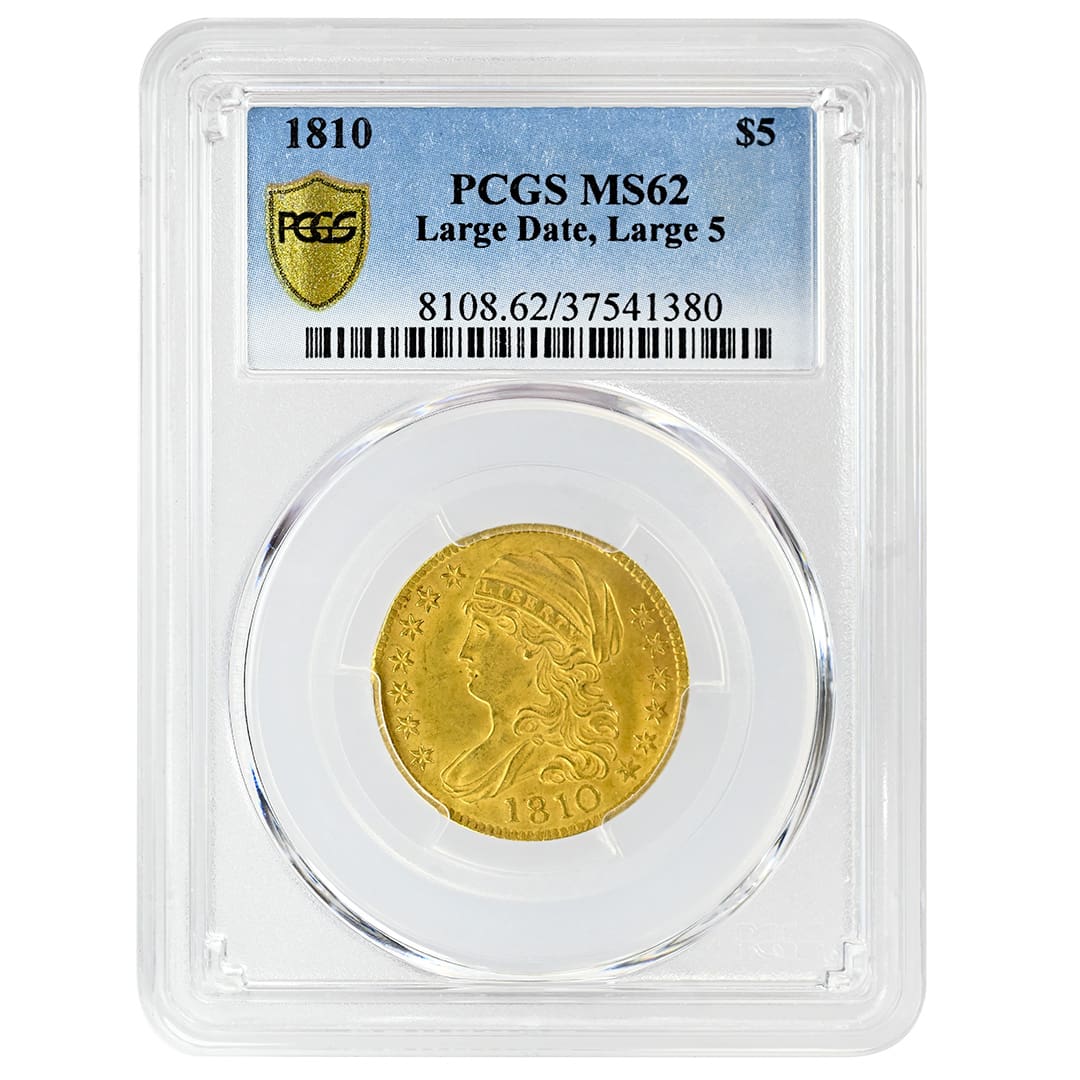 1810 Capped Bust $5 Half Eagle, Type 1 Large Bust, Large Date Large 5, PCGS MS62 gold coin