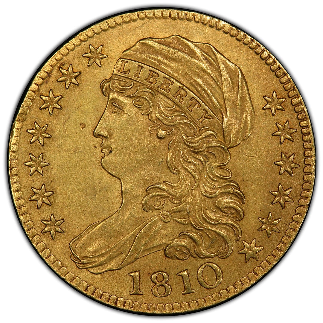 1810 Capped Bust $5 Half Eagle, Type 1 Large Bust, Large Date Large 5, PCGS MS62 gold coin