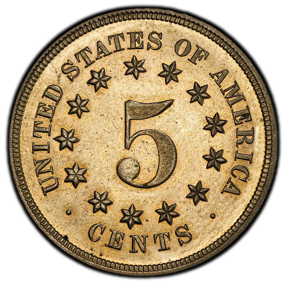 1867 Shield Nickel pattern reverse, PCGS PR64, mirrored proof surfaces, Reiver attribution