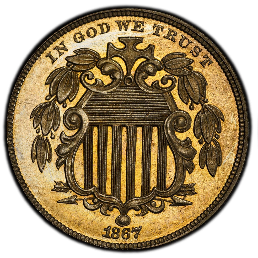 1867 Shield Nickel pattern reverse, PCGS PR64, mirrored proof surfaces, Reiver attribution