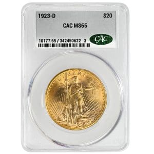 1923-D Saint-Gaudens $20 gold double eagle, CACG MS65, gem uncirculated