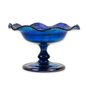 Tiffany blue Favrile glass footed dish with ruffled rim and pulled feather pattern