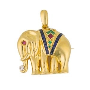 18K Yellow Gold Gemstone Elephant Brooch Pendant Sapphire Emerald Ruby Diamond