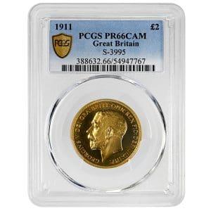 1911 George V gold Two Pounds coin, cameo proof, Saint George and Dragon reverse