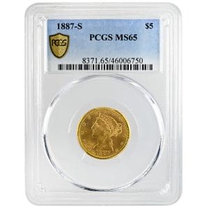 Obverse and reverse of an 1887-S $5 Liberty Head gold Half Eagle coin, PCGS graded MS65, With Motto type