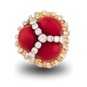 18K Yellow Gold Natural Red Coral Diamond Cocktail Ring