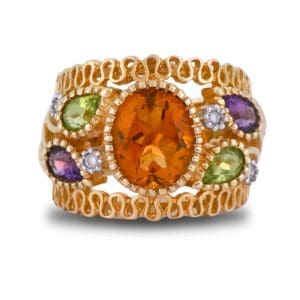 14K Yellow Gold Citrine Amethyst Peridot Diamond Multi-Gemstone Ring
