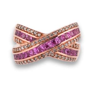 14K Rose Gold Princess Cut Pink Sapphire Diamond Cocktail Ring