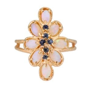 14K Yellow Gold Natural Solid Opal Blue Sapphire Ring