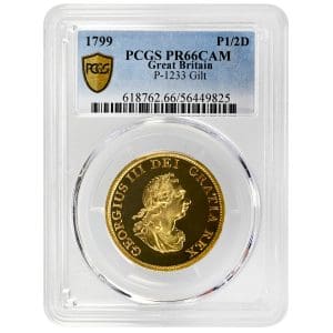 1799 Gilt Half Dime Pattern PCGS PR65CAM obverse showing cameo gilt copper surfaces
