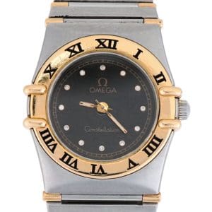 Ladies Omega Constellation Steel 18K Gold Black Diamond Dial 23mm