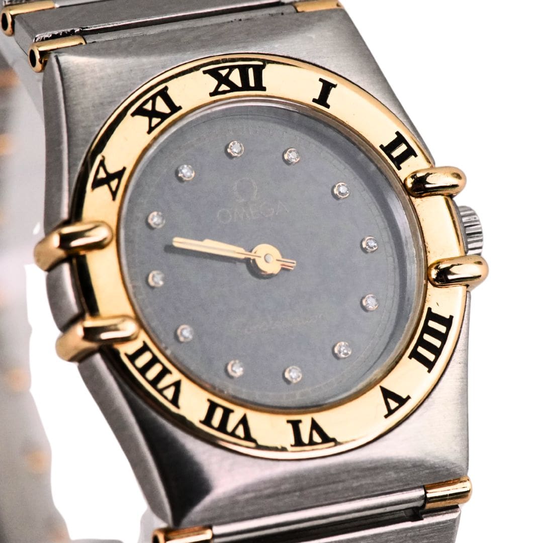 Ladies Omega Constellation Steel 18K Gold Black Diamond Dial 23mm
