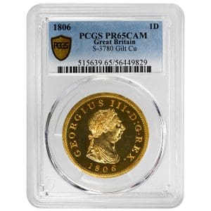 1806 George III copper penny, gilt proof strike, Britannia reverse