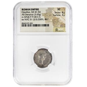 Claudius AR denarius, Roman silver coin, AD 41 to 54, NGC XF