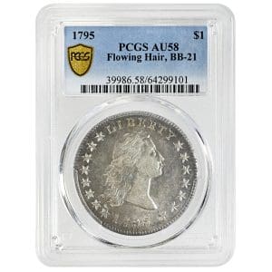 1795 Flowing Hair silver dollar, Two Leaves reverse, PCGS AU58 About Uncirculated grade