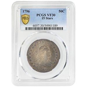 1796 Draped Bust silver half dollar, 15 Stars obverse, Small Eagle reverse, PCGS VF30 grade