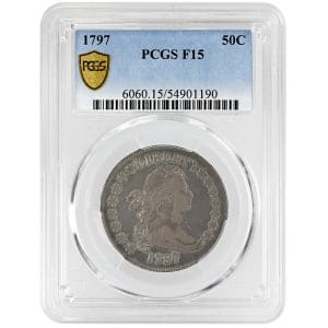 1797 Draped Bust silver half dollar, Small Eagle reverse, PCGS F15 Fine grade coin